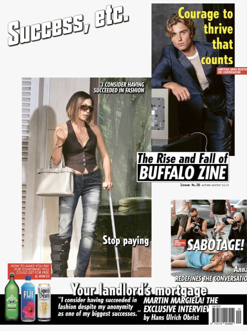 Cover image of buffalo zine with a paparazzi shot of a model with a broken leg and crutches